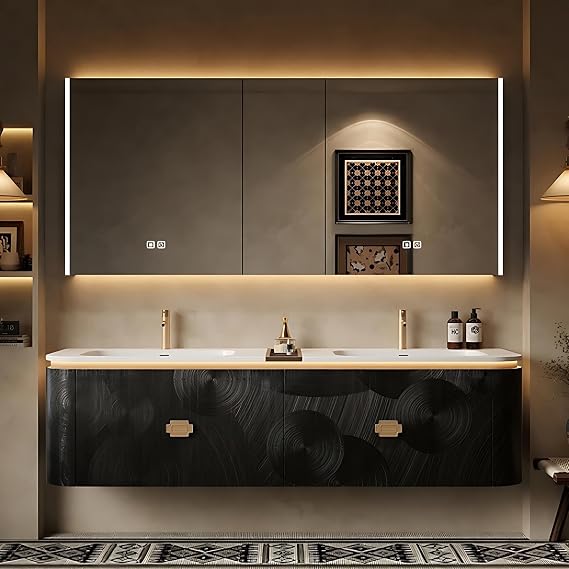 Double Sink Bathroom Vanity - Smart Mirror with LED Light & Defogging Function | Modern Bathroom Cabinet Include Corian Integrated Sink, Metal Handles (80")