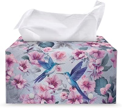 Wiryuouvt Hummingbird Car Tissue Box Cover Rectangle Peach Blossom Leather Tissue Box Cover Square Aesthetic Tissue Box Cover Unique Tissue Box Cover Rectangular Dustproof, CZA62
