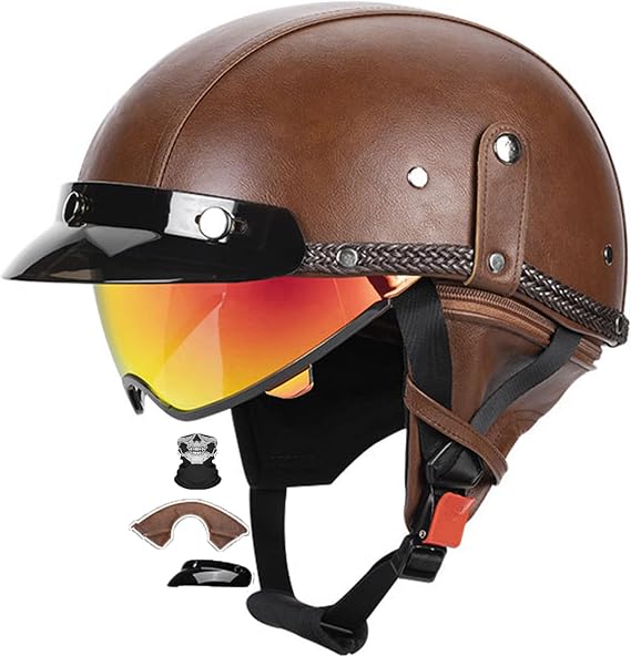 Men Women Crash Half Helmet,Moped Helmet Vintage Motorcycle Half Helmet DOT/ECE Approved Open Face Motorbike Helmet Half Shell Helmet with Goggles for Motorcycle Scooter Cruiser