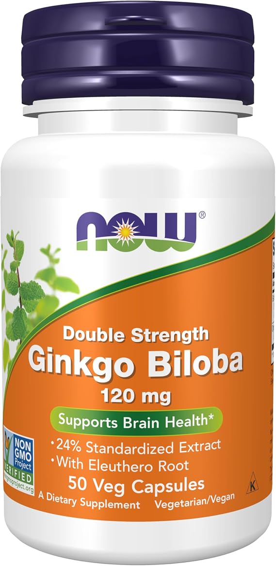 NOW Foods Supplements, Ginkgo Biloba 120 mg, Double Strength, Non-GMO Project Verified, 50 Veg Capsules