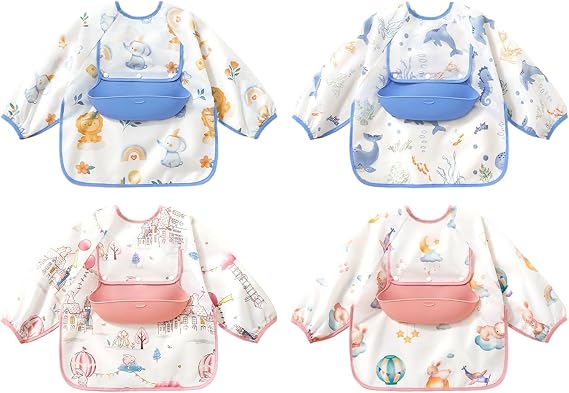 Giylebilir Kollu Önlükler Tam Kollu Bebek Önlüğü | Yıkanabilir Su Geçirmez Dayanıklı Silikon Gıda Tutuculu Önlük Takımı Mama Sandalyesi Yemekleri ve Dış Mekan Kullanımı için