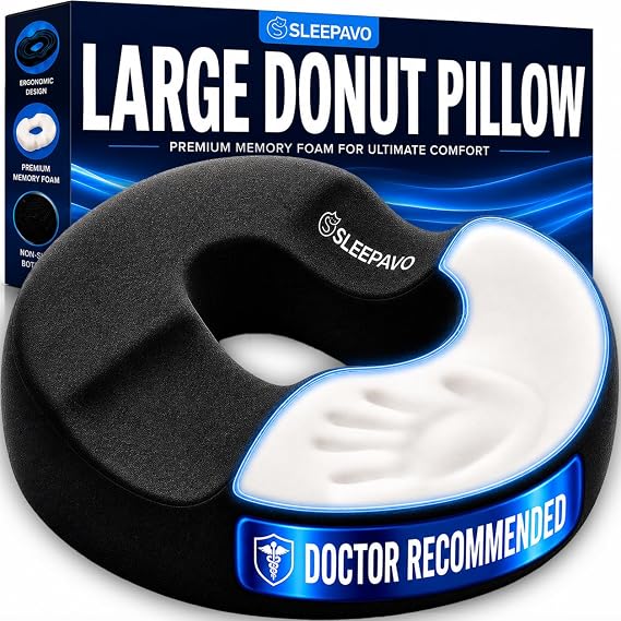 Sleepavo Donut Pillow for Tailbone Pain Relief - Hemorrhoid Pillow & Donut Seat Cushion for Coccyx, Sciatica, Postpartum - Butt Doughnut Cushion for Office Chair, Long Sitting, Bed & Pressure Sores