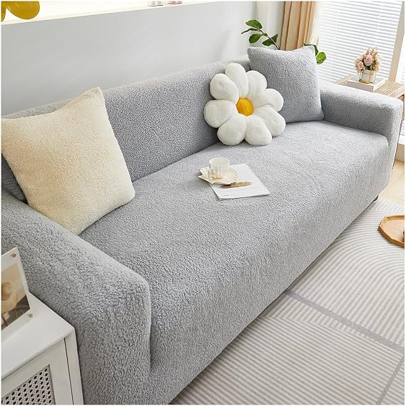 Stretch Sofa Covers 1 2 3 4 Seater, Soft Thick Plush Sofa Cushion Covers, Washable Non-Slip Sofa Slipcovers with Elastic Strap, Furniture Protector for Kids, Pets (Gray, 2 Seater) 
