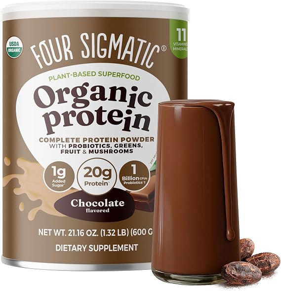 Four Sigmatic Organic Plant-Based Protein Powder | Clean Vegan Protein Elevated with Lions Mane, Chaga, Cordyceps and More for Brain Function and Immune Support | Creamy Cacao, 21.16 oz