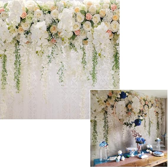 Bridal Shower Square 5x5ft Wedding Floral Wall Backdrop White and Green Wisteria Rose Flowers Dessert Table Decoration Newborn Background for Photography XT-6749