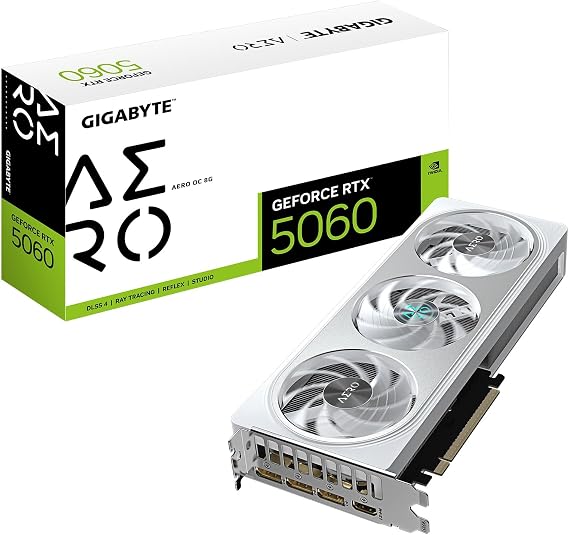 GIGABYTE GeForce RTX 5060 AERO OC 8G Graphics Card, 8GB 128-bit GDDR7, PCIe 5.0, WINDFORCE Cooling System, Made by NVIDIA, DisplayPort & HDMI - Video Output Interface, GV-N5060AERO OC-8GD Video Card