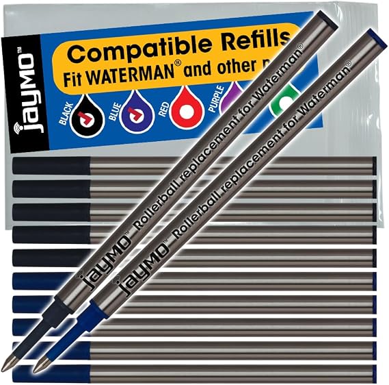 Jaymo Replacement for Waterman 540951/540961 and Schmidt 5888 - Measures 4.3 in / 109 mm Long - Rollerball Pen Refill - 6 Black + 6 Blue