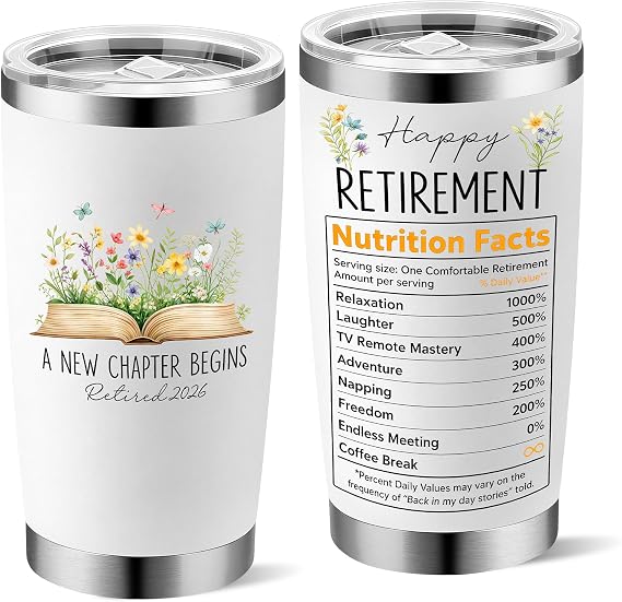 Retirement Gifts for Women 2026 - A New Chapter Begins Tumbler - Retired Gift for Boss Female, Happy Retirement with Nutrition Facts Gifts for Coworker Lady, Mothers Day Gift Chirstmas