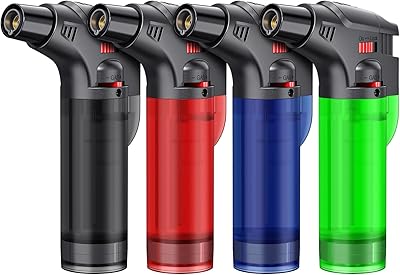 Torch Lighter, Windproof Butane Refillable Torch Flame Lighter, Multi Utility Lighter for Candles, Fireplaces, Campfires, BBQ Grill, Pilot Lights, 4 Pack Butane Not Included