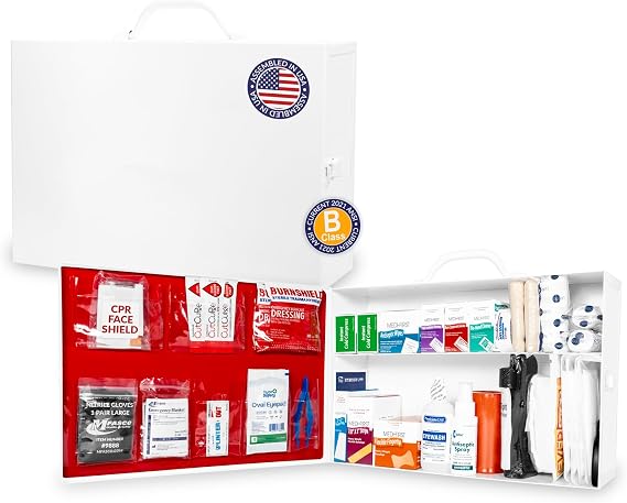 MFASCO Workplace First Aid Cabinet Wall Mount 2 Shelf Metal Case 227 Pcs | OSHA Compliant, Wall Mount Metal Cabinet, Workplace Safety, Commercial, Office, Kitchen, for Home & Business Emergency Kit
