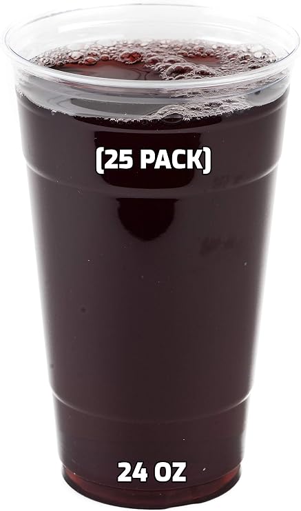 Clear Plastic Disposable Pet Cups | 24 oz Cups, 25 Pack | Crystal Clear PET Cup | Cold Smoothie | Iced Coffee Go Cups | Ideal for Coffee, Parfait, Juice, Soda, Cocktail, Party Cups (24oz, 25 count)