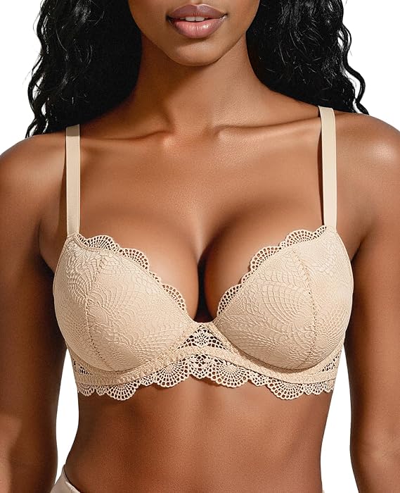 Plusexy Women's Adds-2-Cups Push Up Lace Bra Padded Plunge Underwire T-Shirt Bras