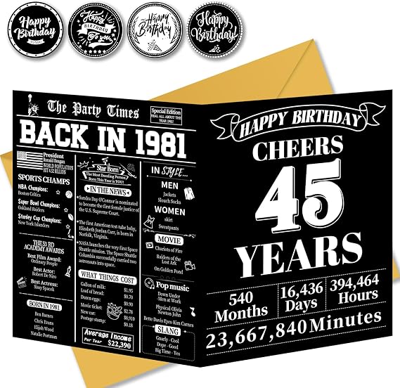 45th Birthday Card, 45th Retro Birthday Decorations for Women, Men, Her and Him, 1981 Creative Card, Unique Birthday Gift for 45 year old Wife Husband