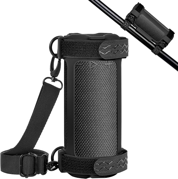 Silicone Cover for JBL Grip Compact Bluetooth Speaker, Portable Carrying Case with Adjustable Detachable Shoulder Strap for Bicycle - Black