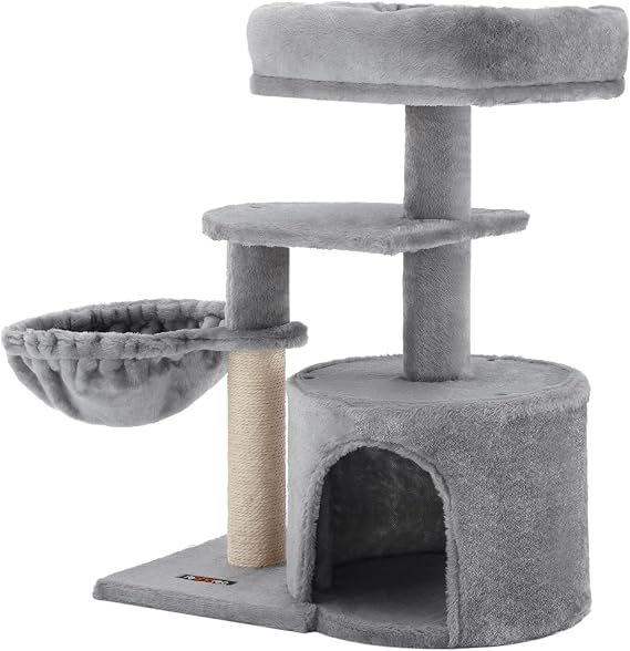 FEANDREA Small Cat Tree Scratching Pole Multilayer 68cm, Light Gray