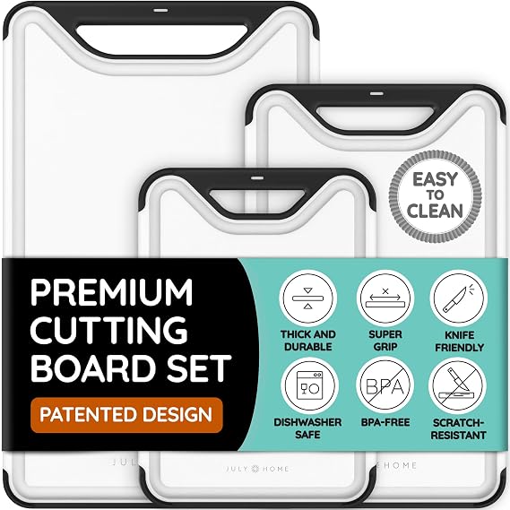 Cutting Boards for Kitchen, Plastic Cutting Board Set of 3, Dishwasher Safe Cutting Boards with Juice Grooves for Meat, Veggies, Fruits, Easy Grip Handle, Non-Slip