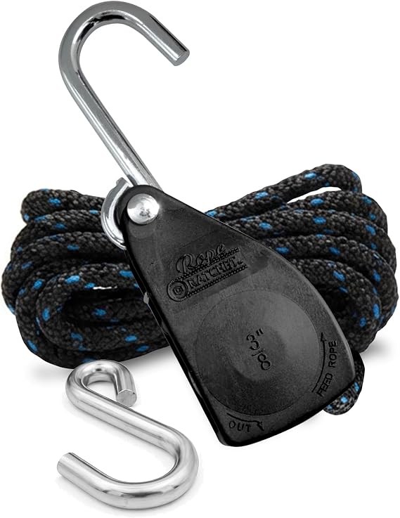 Rope Ratchet 3/8 Block and Tackle Pulley, Braided Polypropylene Rope 8 ft | Secure Locking Mechanism, 250 lb Capacity, Kayak Storage, Tents, Tarps, Workshops, Sheds, Overhead Organization Loft