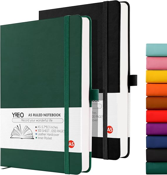 Notebook A5, 2 Pack Hardback Journal Notebook with 398 Lined Pages 80 GSM Leather Notepad with Bookmark, Pen Loop and Expandable Paper Pocket, for Office School Supplies (Black+Green)