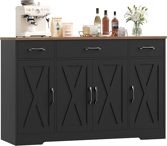 HOCSOK 140cm Large Sideboard, Kitchen Sideboard with 3 Drawers & 4 Doors | Adjustable Shelves, Sideboard Storage Cabinet for Living Room, Dining Room, Kitchen, Wooden, Black, 81H x 140W x 38.6D cm