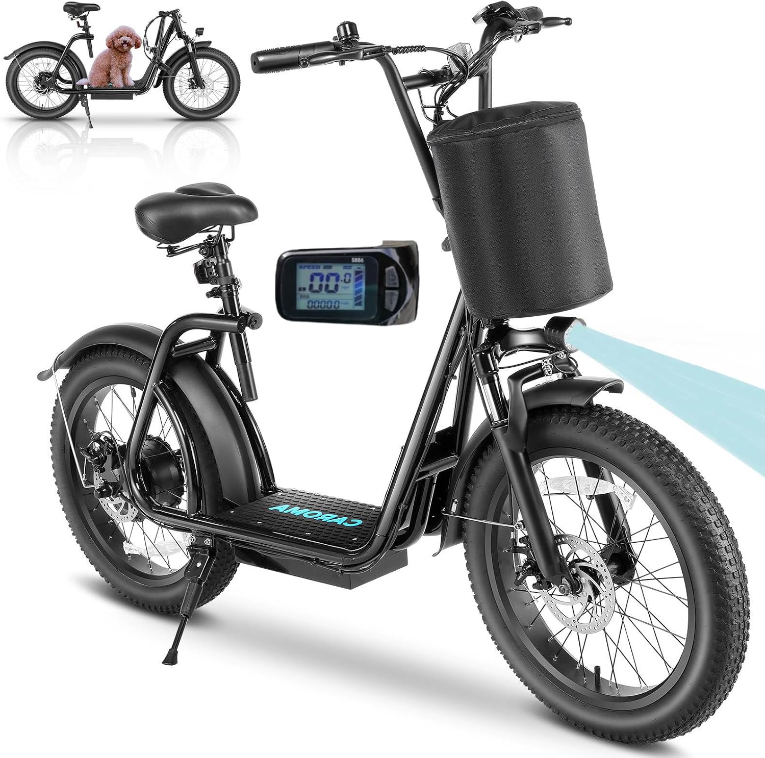 Caroma Peak 819W Adult Electric Scooters, 500Wh Battery, 30 Miles Range, 20 Fat Tire, 20 MPH Top Speed, Off-Road E Scooter with Adjustable Seat&amp;Detachable Basket, Foldable Ebike for Commuting