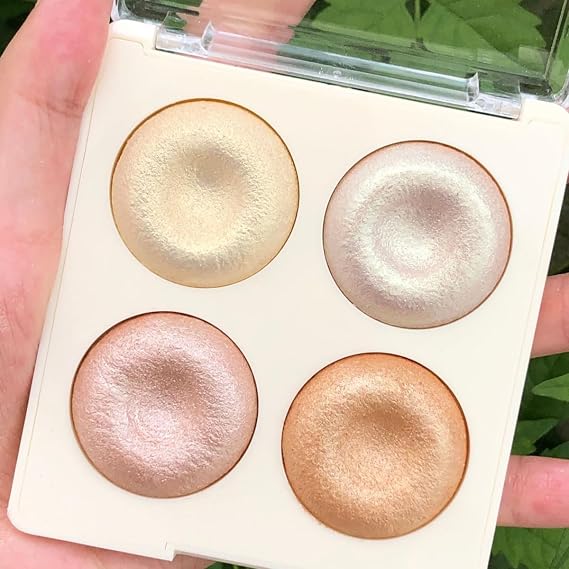 Highlighter Palette, 4 Colours Highlighter Powder Highlighter Make Up Mother of Pearl Diamond Mushroom Delicate Distributable Highly Pigmented Highlighter Glitter Shimmer Powder Face Eyes Nose