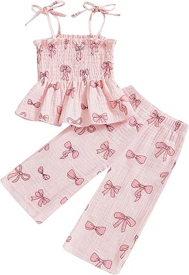 VISGOGO Toddler Baby Girl Outfits Sleeveless Smocked Strap Camisole Linen Pants Bow Baby Summer Clothes