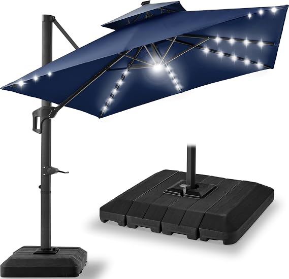 Best Choice Products 12x12ft LED Cantilever Patio Umbrella w/Base Included & 360 Rotation, Large Solar Offset Hanging Outdoor Sun Shade for Deck, Backyard Table w/Stand & Lights Navy Blue