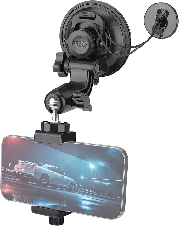 Heavy Duty 90mm Suction Cup + Adjustable Dual-Ball-Head Action Camera Dash Cam Phone Car Mount Windscreen Window Cockpit Holder for iPhone GoPro insta360 Video Recording (1.5kg Load)