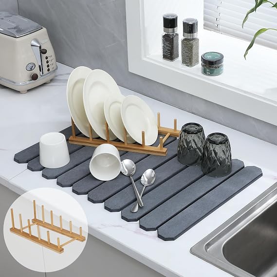 Stone Drying Mat for Kitchen Counter, Quick Drying Stone Dish Drying Mat, Diatomaceous Earth Drying Mat for Kitchen Counter, Dish Drying Mat Foldable , Quick Drying Stone Mat (Grey, 24"16")