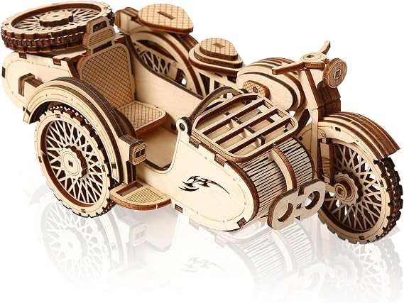 comfoyar 3D Puzzle Motorbike with Sidecar, Wooden Tricycle Motorcycle Model Kits for Adults to Build, DIY Vehicle Construction Craft Kits, Home Decor and Christmas Birthday for Men