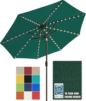 EliteShade USA 10-Year-Non-Fading Solar 9ft Market Umbrella with 80 LED Lights Patio Umbrellas Outdoor Table Umbrella with Ventilation,Forest Green