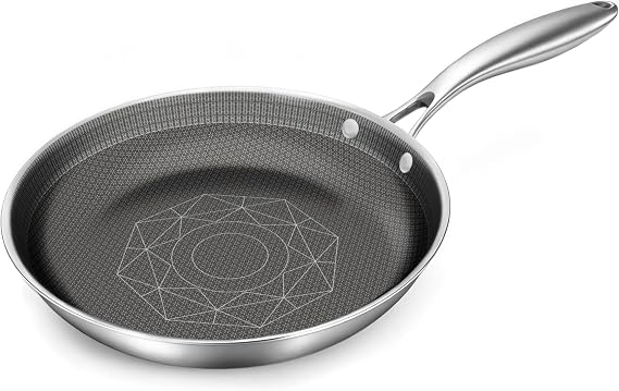 COOKER KING 10-Inch Stainless Steel Pan, Hybrid Nonstick Frying Pan 3-Ply Clad Cookware, Healthy & Non-Toxic, Dishwasher & Oven Safe, Stay-Cool Handle, Induction Compatible Metal Utensil Safe