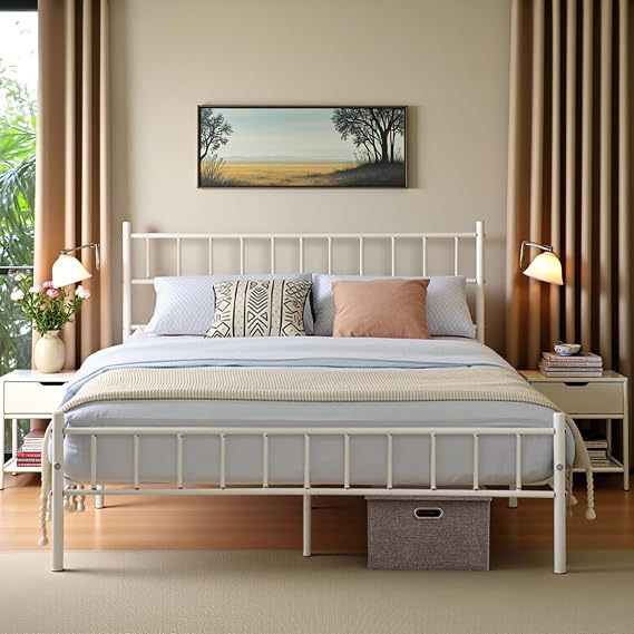 buybyroom Small Double Bed Frame, Metal Bed Frame with Underbed Storage, Suitable for 120x190 cm Mattress, Suitable for Adults and Children, White