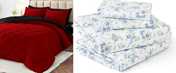 MUXHOMO Queen Size 4 Piece Sheet Set Light Blue Blossoms Breathable and Wrinkle-Free & 7 Pieces Queen Comforter Set, Reversible Bed in a Bag Queen Size