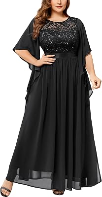Miusol Womens Plus Size Sequin Lace with Ruffle Cape Cloak Sleeves Elegant Evening Gown Wedding Guest Maxi Dress