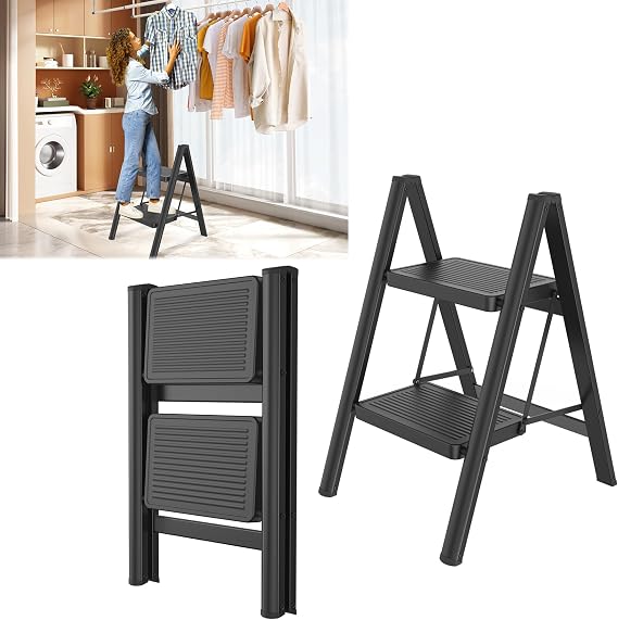 SAILUN Folding Step Ladder, 2-Step, Steel Construction, Non-Slip Rubber Mats, Widened Steps, 250KG Load Capacity, Suitable for Home, Office, Garage, Black