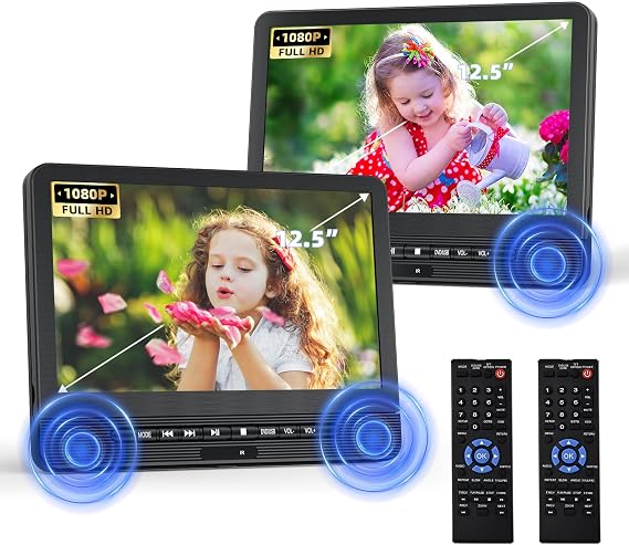 12.5インチ デュアルポータブルdvdプレーヤー、desobry 車用ヘッドレストdvdプレーヤー、同じまたは2つの異なる映画を再生、5時間充電式バッテリー、usb/同期テレビ対応、リージョンフリー