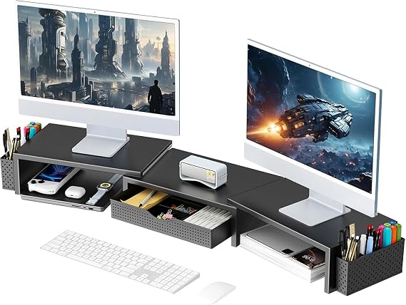 Dual Monitor Stand Riser, Metal Desk Accessories with Drawer and 2 Pen Holder, Adjustable Length and Angle - Computer Monitor Stand for Screen, Computer, Printer (Black)