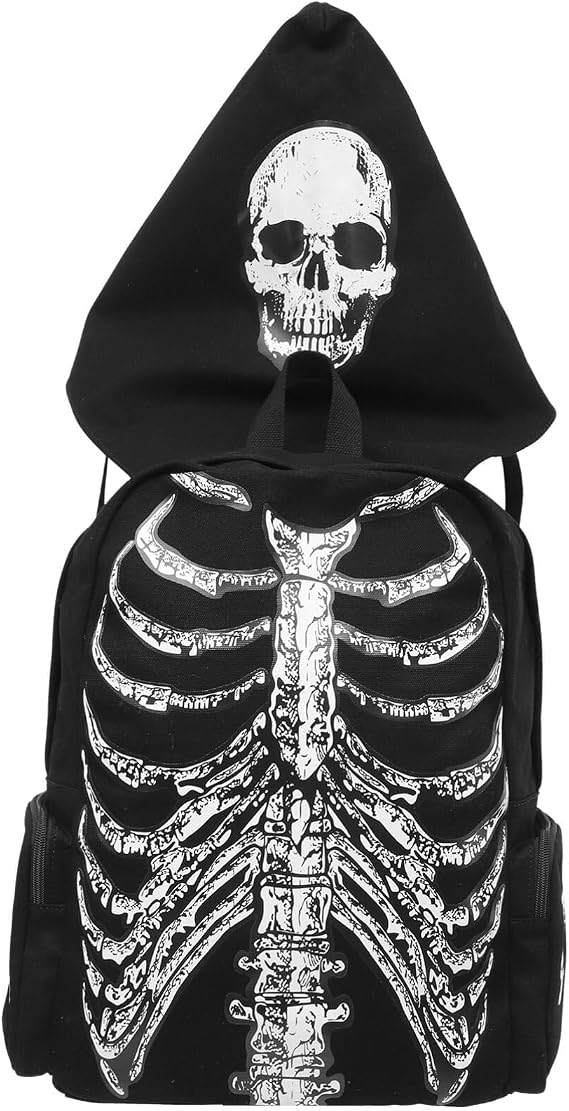 Punk Skull Black Vintage Backpack Gothic Ribcage Skeleton Laptop Bag EMO Backpack for Men and Women
