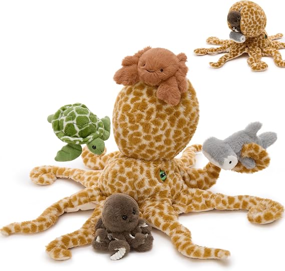 MorisMos 60 cm Octopus Plush with 4 Baby Sea Animals Inside, Giant Stuffed Octopus Soft Toy, Ocean Animal Gift for Kids, Interactive Family Plush for Imaginative Play, Bedroom Decor & Birthday Present