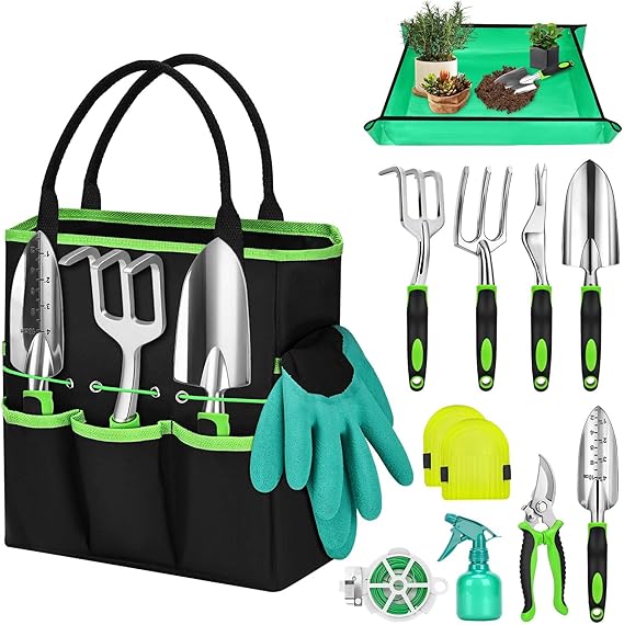 Mactoou Garden Hand Tools, 12 Pieces Aluminium Gardening Tools Set, Gardening Kit with Garden Fork, Trowel, Gardening Gifts for Women & Men