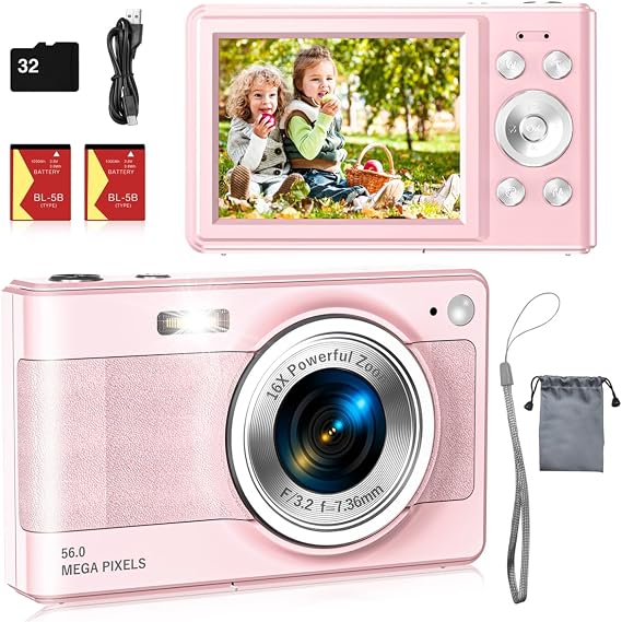 Upgrade Digital Camera, 56MP FHD 1080P Camera for Kids with 16x Zoom Anti Shake, Kid Camera with 32GB TF Card, Two Batteries, Lanyard, Compact Small for Kids Boys Girls(Pink)