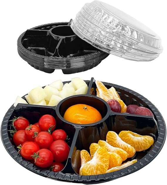 12Pcs Disposable Fruit Trays, Round Plastic Appetizer Serving Tray with Lid 5 Compartment Party Platters Divided Food Dip Containers for Snack Vegetable Salad Veggie Fruit Organizer-Black