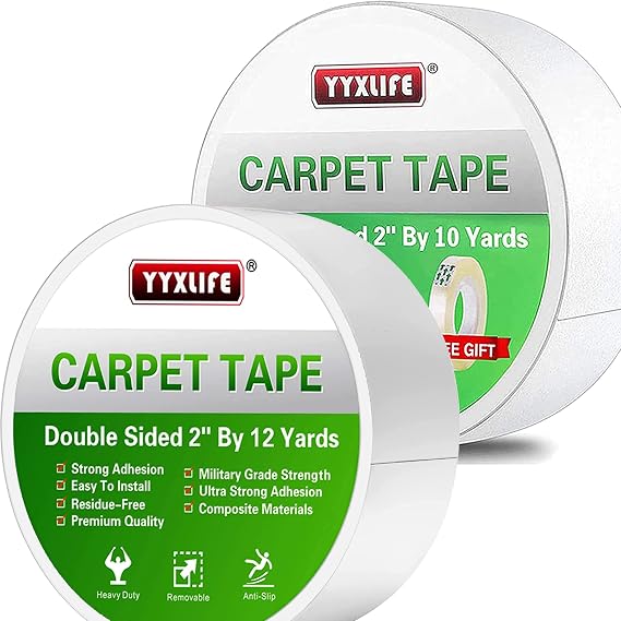 YYXLIFE Double Sided Carpet Tape,for Area Rugs Carpet Adhesive Removable Multi-Purpose Rug Tape Cloth for Hardwood Floors,Outdoor Rugs,Heavy Duty Sticky Tape,2Inch x 10 Yards,2Inch x 12 Yards