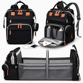 Diaper Bag Backpack with Changing Station, Large Diaper Bag For Boys And Girls, Multifunctional Waterproof Travel Diaper Backpack, Baby Bag with USB Charging Port for Moms Dads,black