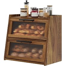 kiplant Bread Box for Kitchen Countertop - Acacia Wood, Wavy Acrylic Door, 2-Layer Bread Storage Container, Large Bread Holder