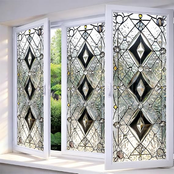IVN Privacy Window Film Stained Glass Window Cling Diamond Pattern