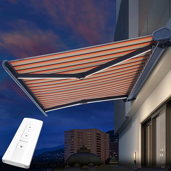 Patio Awning Retractable, Motorized Electric Sun Shade Awning with LED Light, Remote Control, Waterproof UV/Heat Resistant, Deck Canopy Balcony Sunsetter, Commercial Grade,8x6.5FT