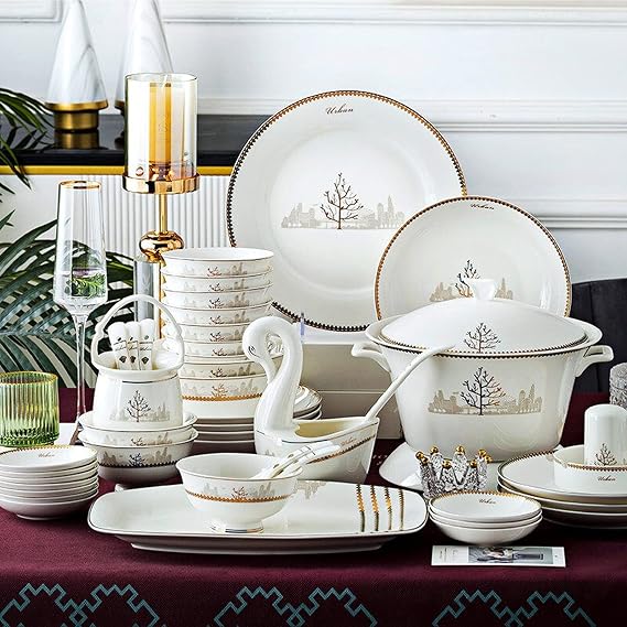 60 PCS Bone China Dinnerware Set Bone China Tableware Dishes Plates Ceramic Combination Dinner Service Set Diner Set Porcelaine