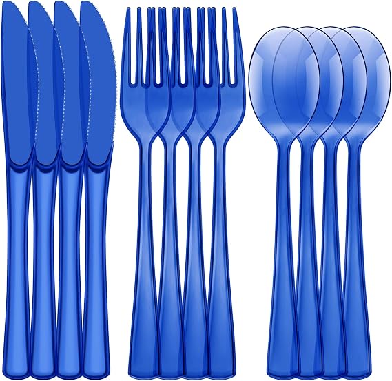 180pcs Blue Disposable Cutlery Set Plastic Silverware Heavy Duty Utensil Sets 60 Forks 60 Knives 60 Spoons for Birthday Home Office School Party Picnics Restaurant Outdoor Events or Every Day Use